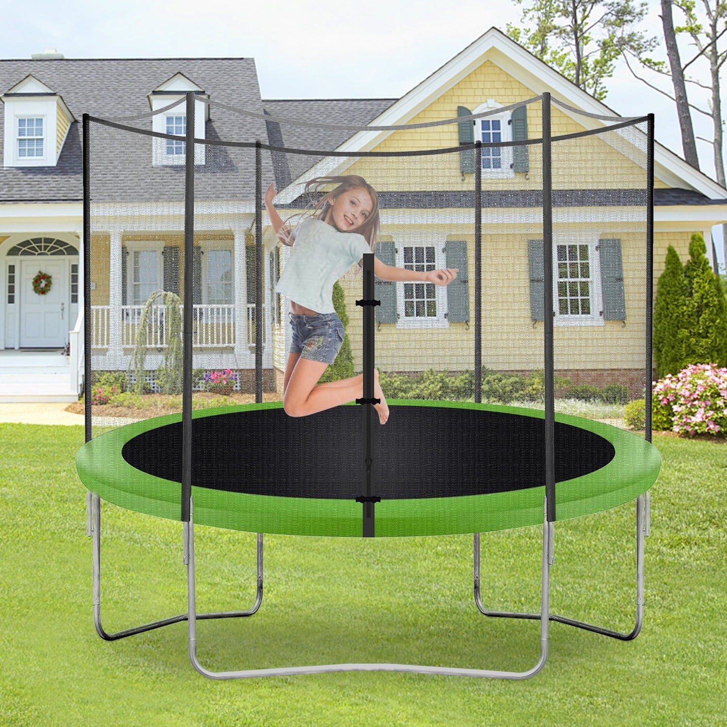10FT Trampoline with Safety Enclosure Net ,Outdoor Jump Round Trampoline with PVC Spring Cover Padding for Kids , Green