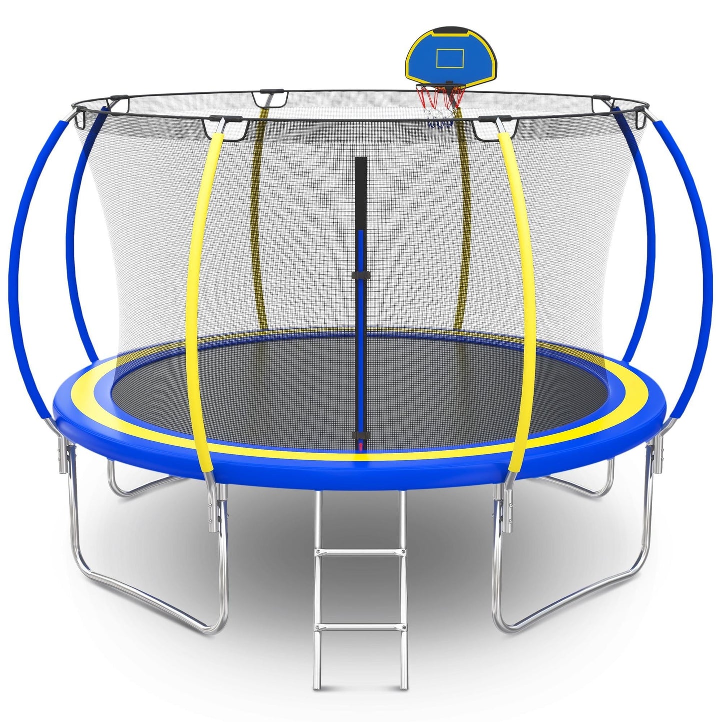 12FT Trampoline for Kids - Seizeen Round Trampoline W/ Enclosure Net & Hoop, Outdoor Colorful Trampoline with Waterproof Cover, Steel Support & Ladder