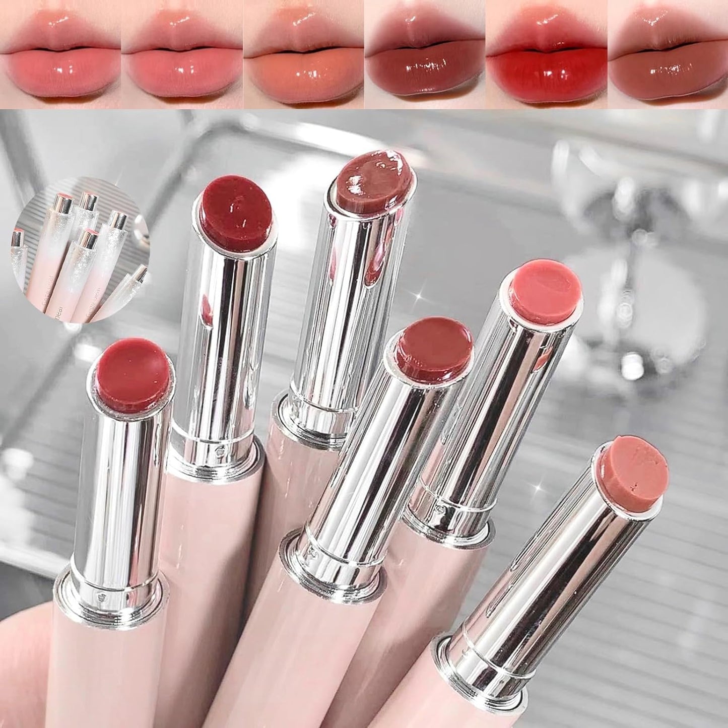 6 Colors Jelly Glossy Lipstick, 6Pcs Nude to Red Mirror Hydrating Lip Gloss, Long Lasting Moisturizing Tinted Lip Balm, Plumping Water Lip Glaze, Waterproof Long Lasting Lip Beauty Makeup