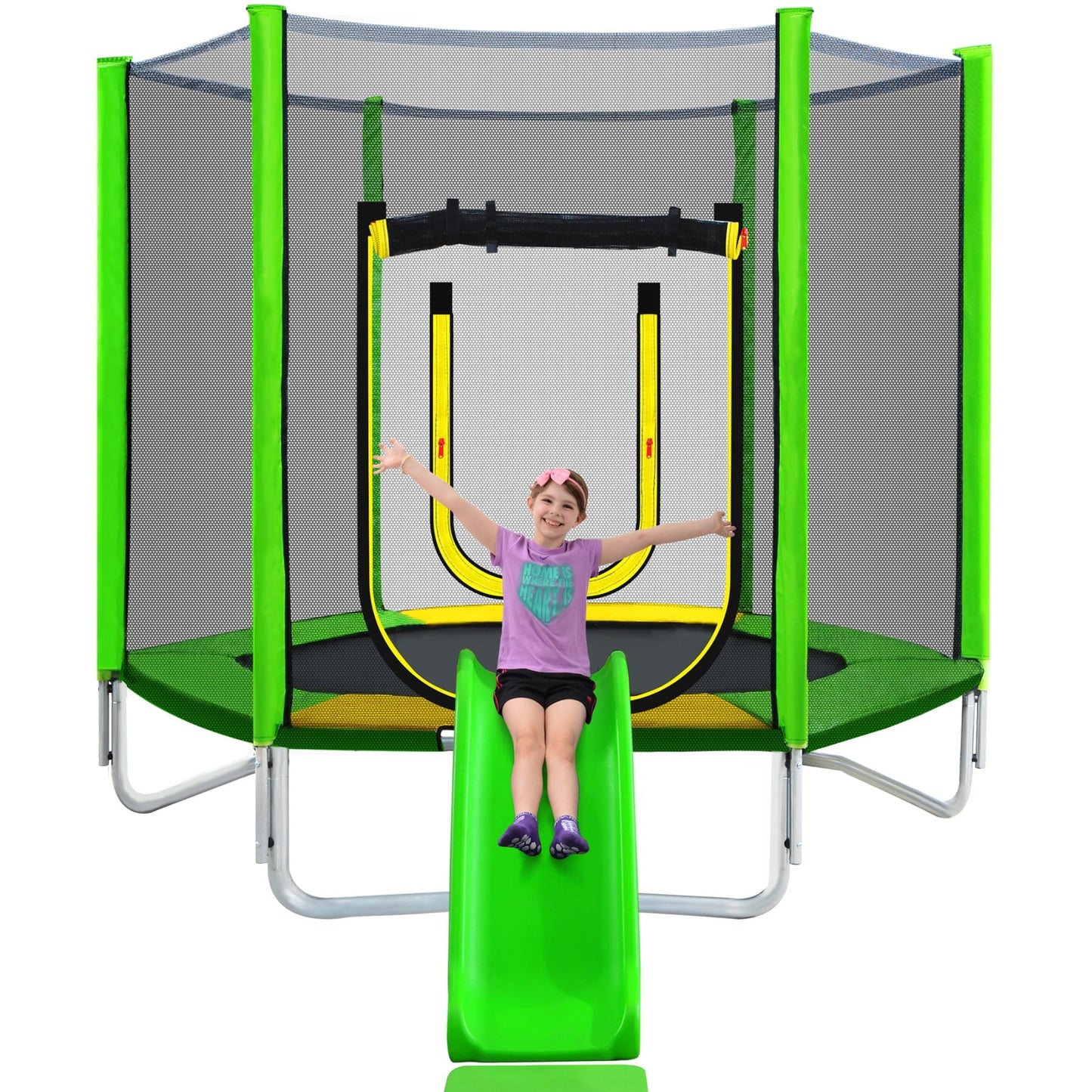 7FT Trampoline for Kids,Round Outdoor Recreational Trampoline with Safety Enclosure Net,Slide and Ladder,Easy Assembly,Green