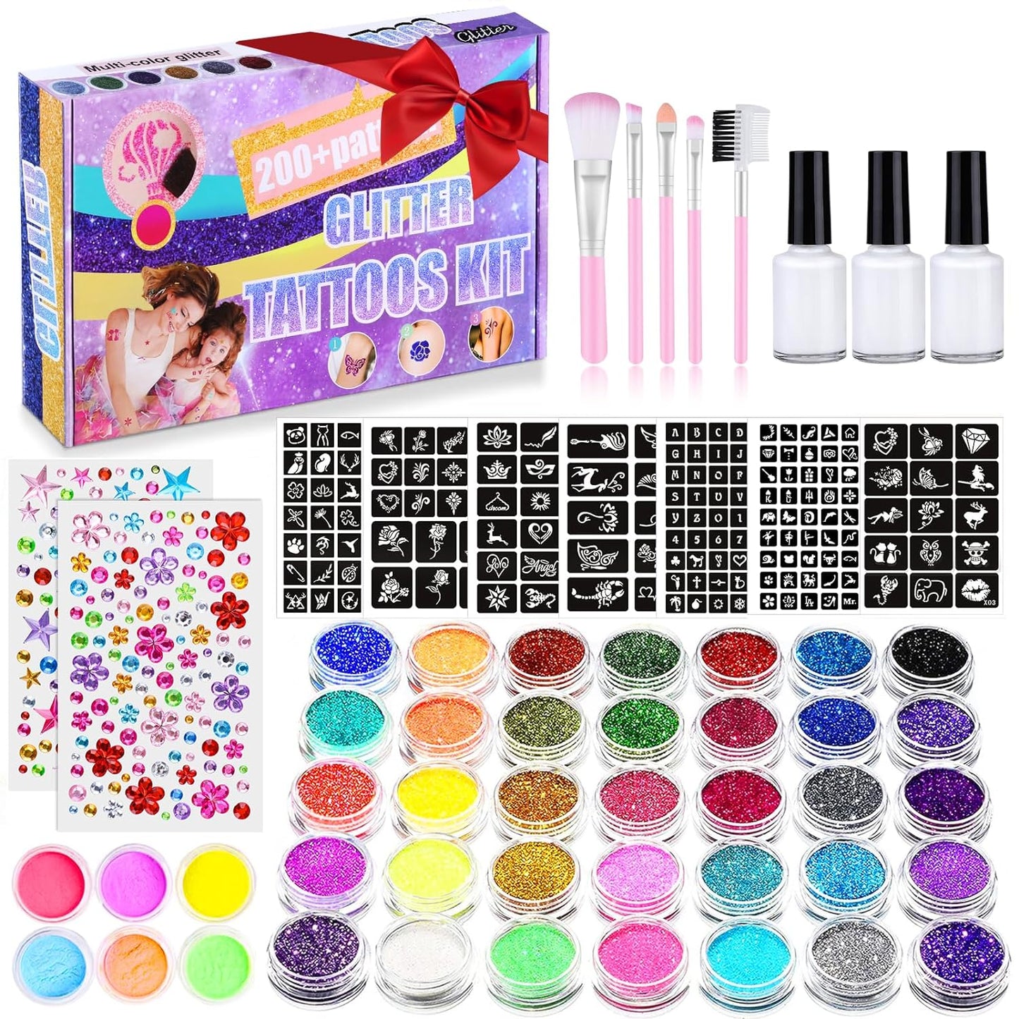 492 Temporary Glitter Tattoo Kit for Kids, 41 colors glitter powder 215 rhinestones 204 stencils 24 glitter powder 3 glue 5 brushes Waterproof tattoos for parties, Adults & Kids Glitter Make Up Kit