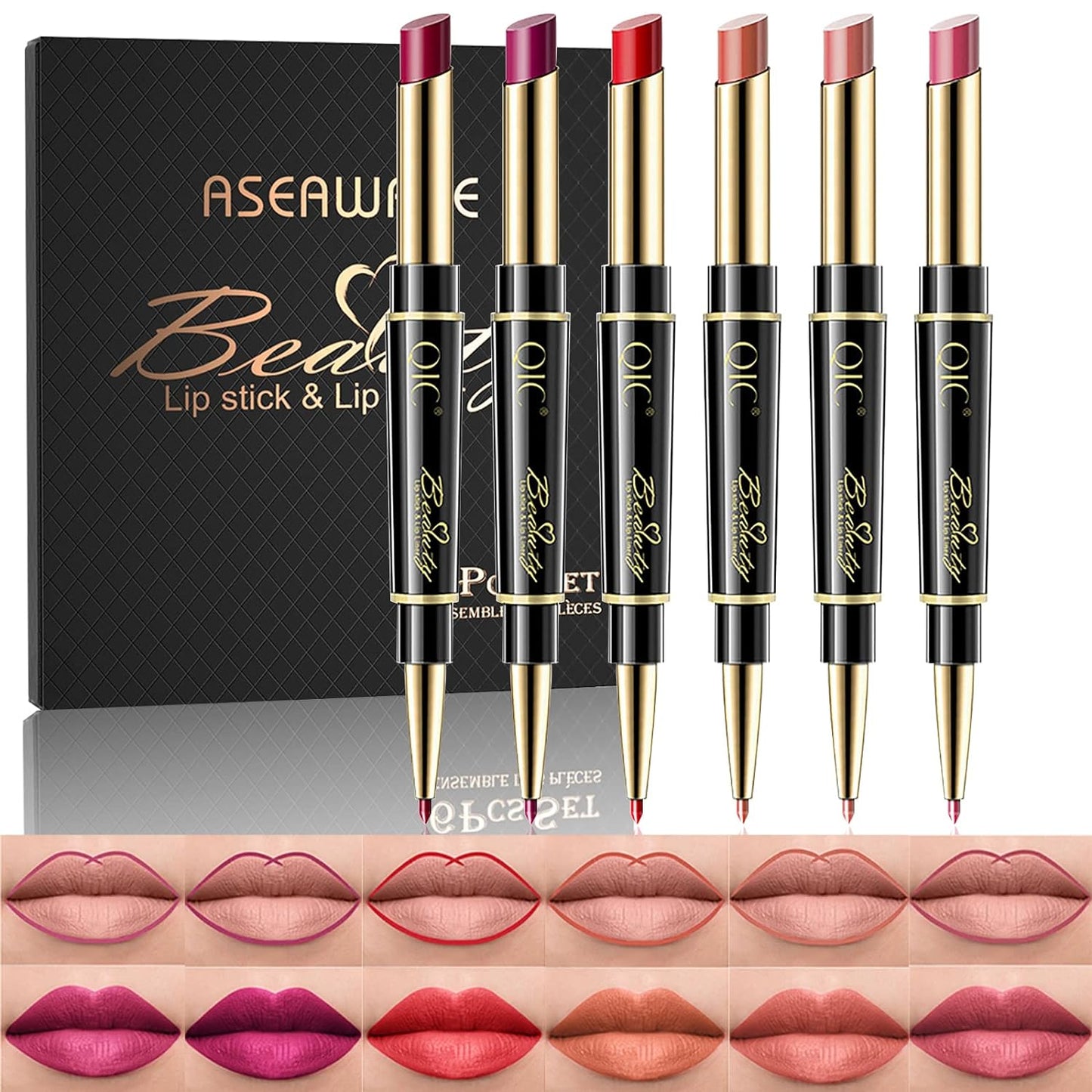 6Pcs Lip Liner and Lipstick Makeup Set, Purple Red/Claret/Vermilion/Pastel Orange/Rose/Ruby Red Lipstick Pen and with Lip Liner Pencil Set Lipstick Gift Set for Daily/Travel/Party/Work
