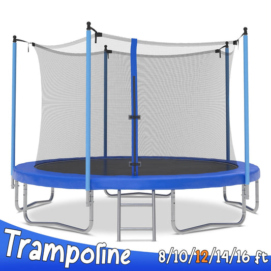 12FT Trampoline for Kids, BTMWAY Outdoor Recreational Trampoline with Safety Enclosure/Ladder, All-Weather Large Trampoline for Backyard Garden Patio, Trampoline with Steel Support, Blue