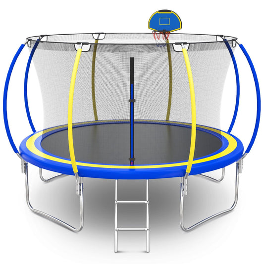 12FT Trampoline for Kids - Seizeen Round Trampoline W/ Enclosure Net & Hoop, Outdoor Colorful Trampoline with Waterproof Cover, Steel Support & Ladder