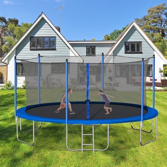 14FT Trampoline for Kids Teens, Recreational Trampoline with Safety Enclosure Net and Ladder, Reinforced Outdoor Sports Fitness Trampolines, Blue