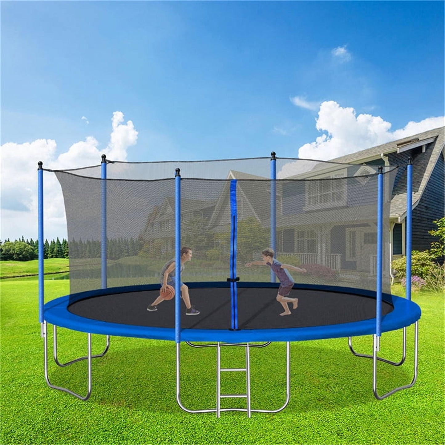 14FT Trampoline for Kids & Adults, Recreational Trampoline with Enclosure Net, Ladder, Steel Tube, Combo Bounce Outdoor Fitness Trampoline, Blue