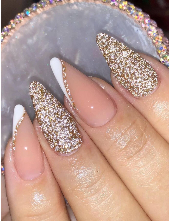 Almond Gold & White Reflective Press On Nails