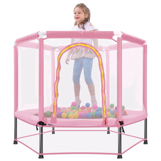 55'' Mini Toddler Trampoline, Small Trampoline for Kids with Enclosure Net, Round Indoor Outdoor Trampoline w/Balls as Gift for Boy & Girl Christmas, Halloween, Birthday Toy, Pink