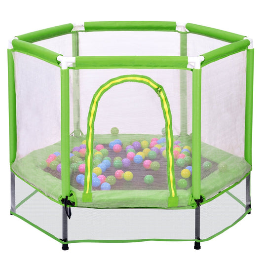55'' Toddlers Trampoline, Indoor Outdoor Mini Trampoline with Ocean Ball and Safety Enclosure Net, Kids Small Round Trampoline with U-typed & Two-way Zipper for Boy and Girls, Green