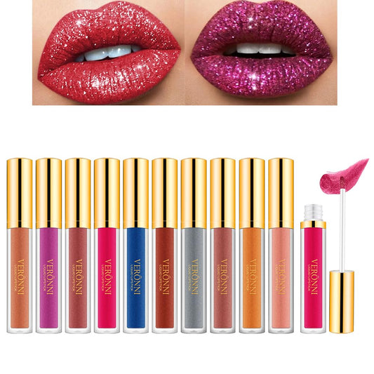 VERONNI 10 Pcs Diamond Glitter Lipstick Set,Shimmer High Pigment Lip Gloss,Metallic Liquid Lipstick Long Lasting Waterproof Lip Gloss Makeup Kit,10pcs Lip Makeup Gift Set(10pcs together)