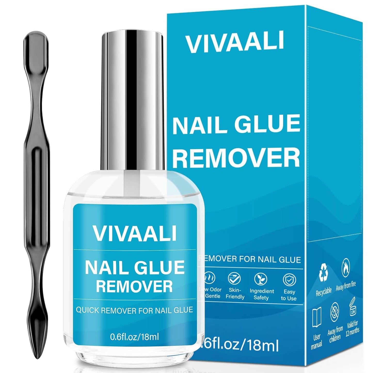 VIVAALI Nail Glue Remover for Press on Nails with pusher, Qucikly Removes for False Nail Tips, Enriched with Vitamin E, 0.6fl.oz/18ml, Can't Remover Gel Nail Polish