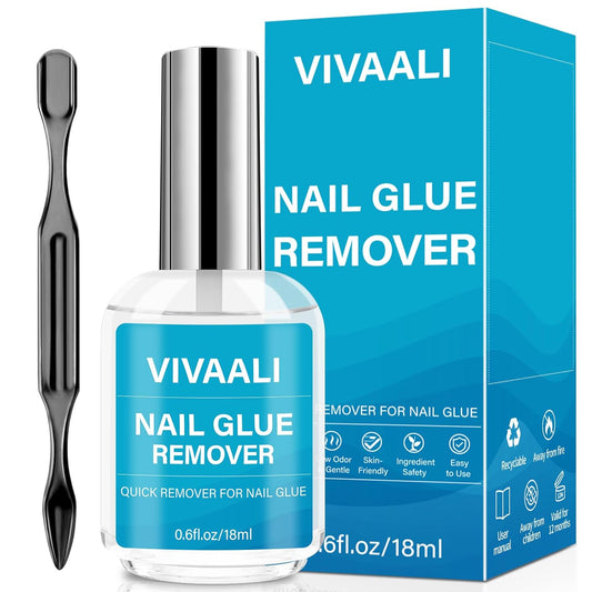 VIVAALI Nail Glue Remover for Press on Nails with pusher, Qucikly Removes for False Nail Tips, Enriched with Vitamin E, 0.6fl.oz/18ml, Can't Remover Gel Nail Polish
