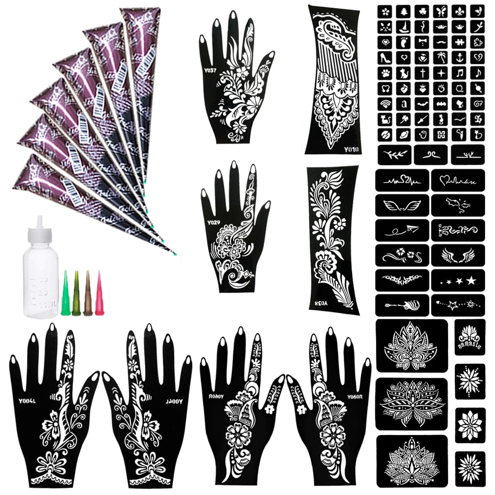 11 Sheet Total 84 Tattoo Stencils Sticker Pattern, 6 Pcs Natrual Brown Temporary Tattoo Kit, 1 Bottles, 4 Nozzles