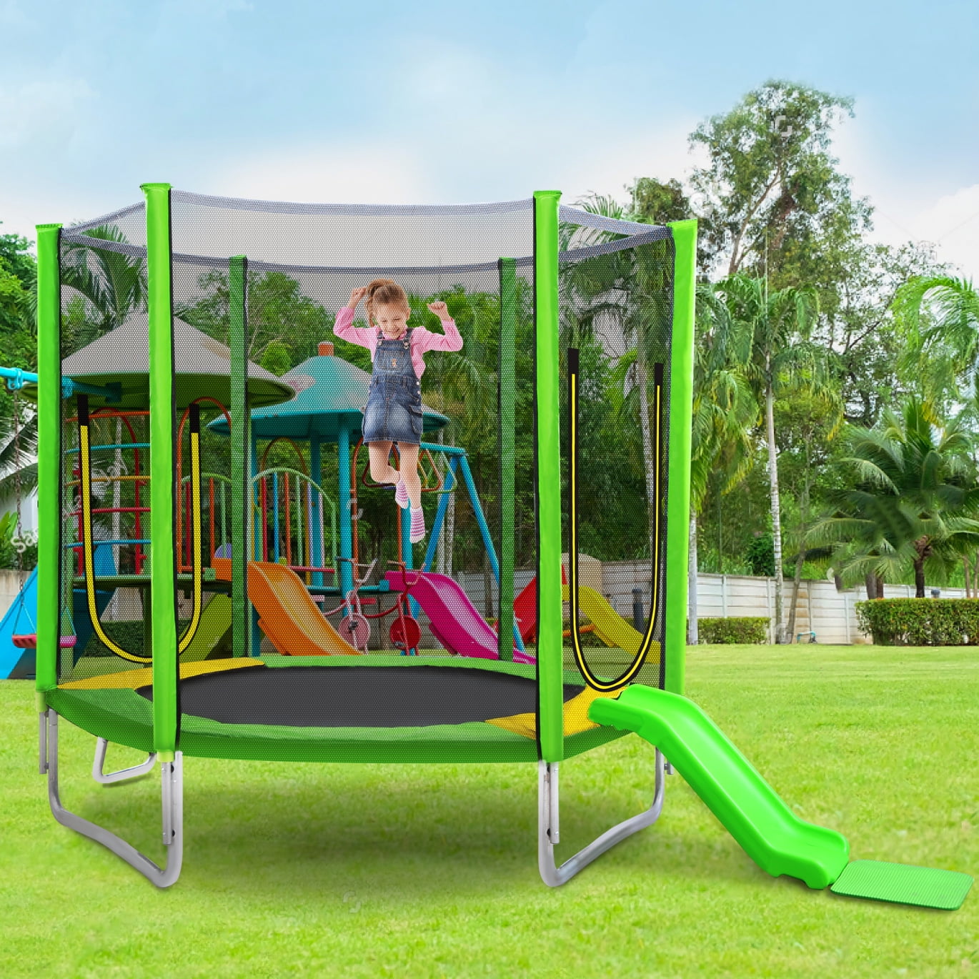 7FT Trampoline with Slide, Recreational Trampoline with Safety Enclosure Net and Ladder, Easy Assembly Round Outdoor Trampoline for Kids, Green