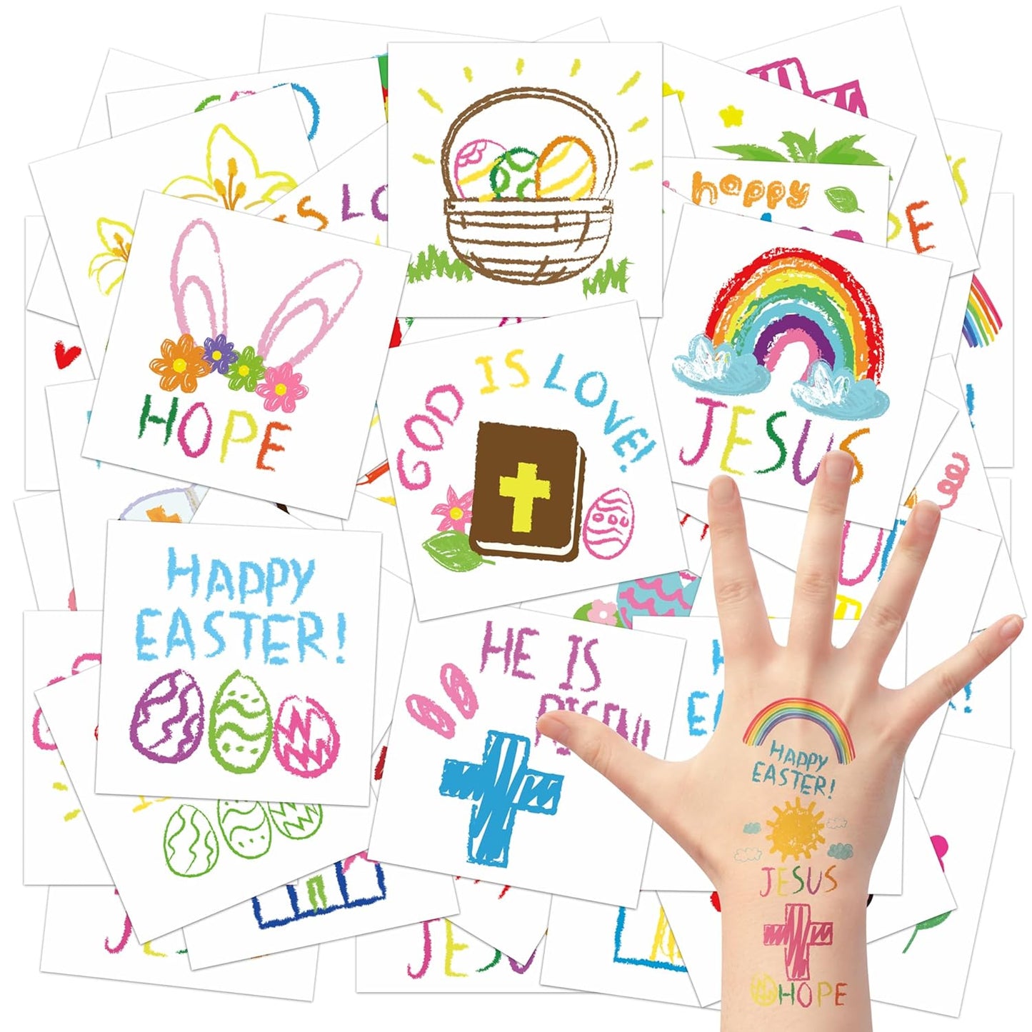144Pcs Happy Easter Doodles Temporary Tattoos for Kids, 2 Inch Bible Easter Egg Chicks Bunny Christian Religious Non-Toxic Waterproof Body Stickers Art Decal Party Favor School Supplies