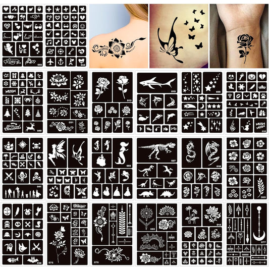 20 Sheets Temporary Tattoos Stencils for Kids, Glitter Henna Face Body Paint Stencil Kit, Girls Flowers Mermaid Boys Dragon Airbrush Art Tattoo for Birthday Halloween Christmas Party Favors