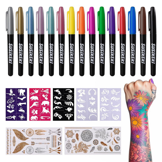 Temporary Tattoo Markers for Skin, 15 Colors Tattoo Pen + 50 Paint Stencils + 43 Tattoos Stickers, Glitter & Matte & Neon Glow Body Marker Set, Removable Fake Tattoos Kit for Teens and Adult