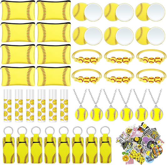 122 Pcs Softball Team Gifts Include 12 Softball Makeup Bags 12 Lip Balm 12 Lipstick Holder Keychains 12 Necklaces 12 Mirrors 12 Adjustable Bracelets 50 Stickers for Sports Lovers Party