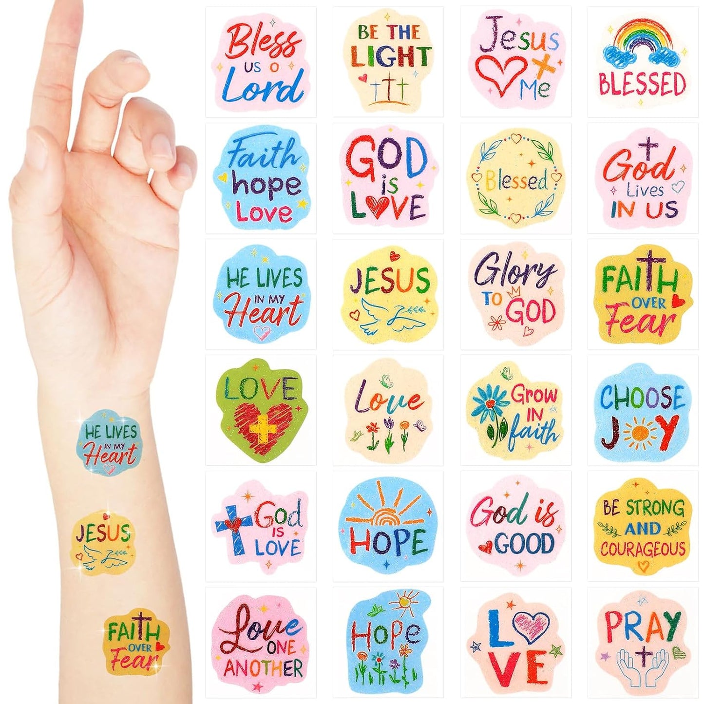 240 Pcs Christian Tattoos Temporary for Kids Religious Tattoos Glitter Kid-Drawn Christian Faith Shape Scripture Tattoos Christian Cross Body Sticker Glitter for Sunday School Supplies
