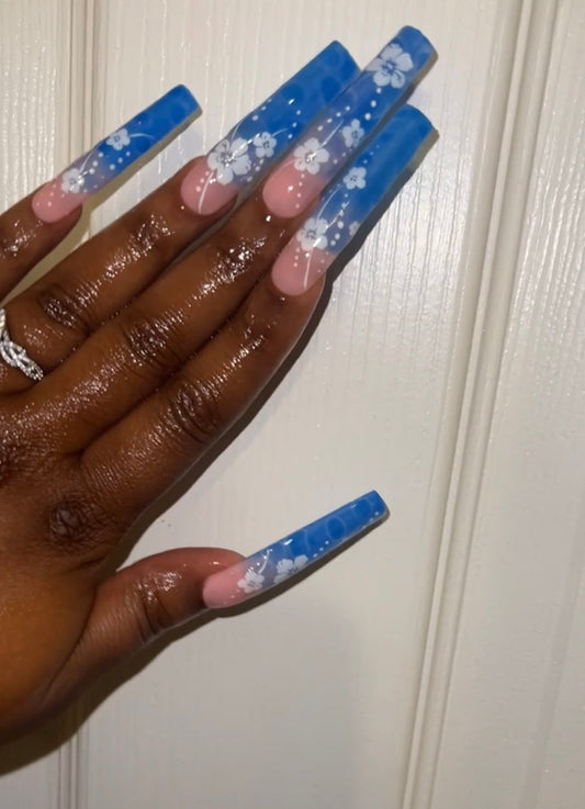 Water Effect with Hawaiian Flower Press On Nails