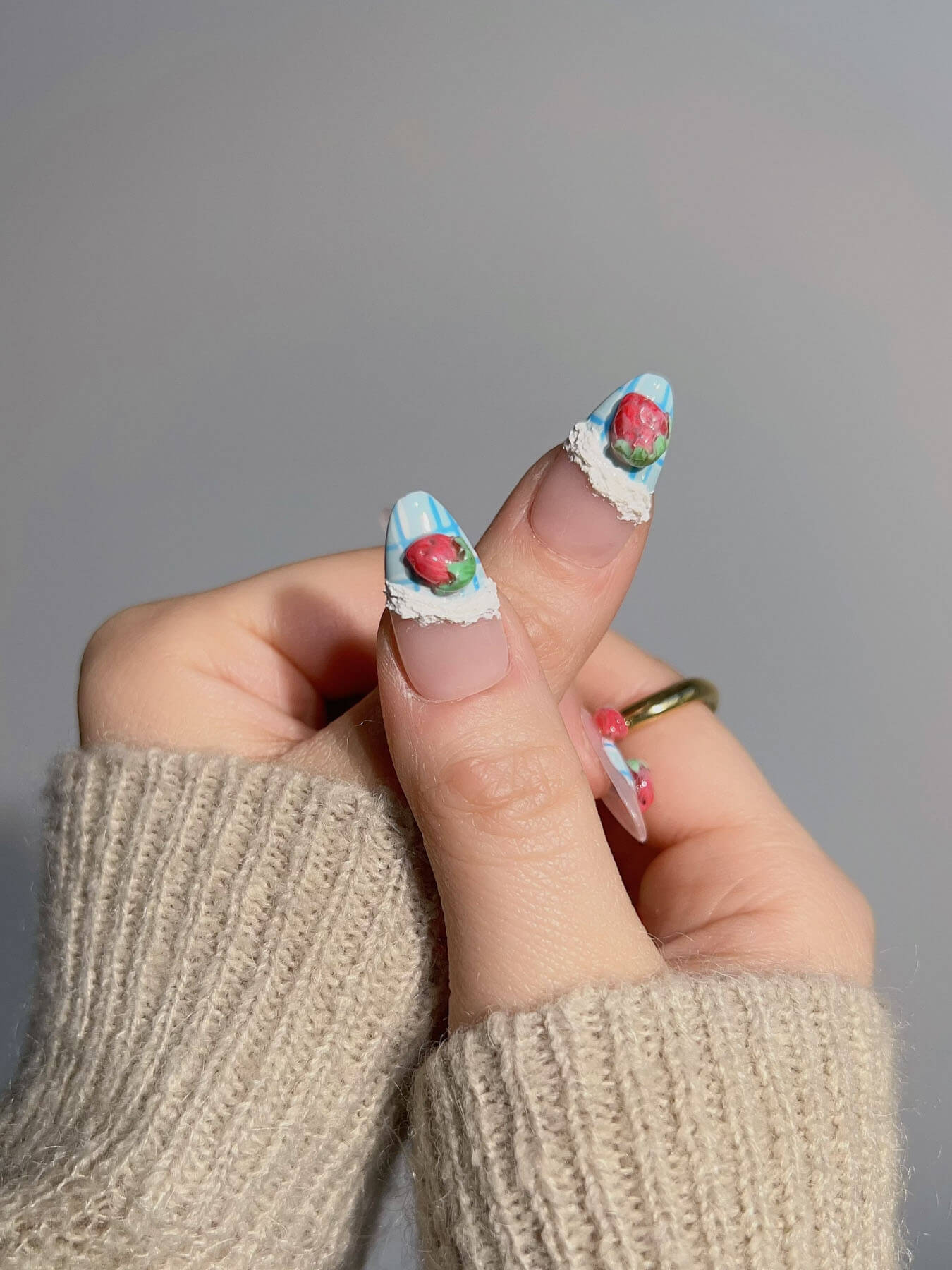 Handmade- nude and ice blue winter fusion red strawberries and bows combination of 3d press on nails